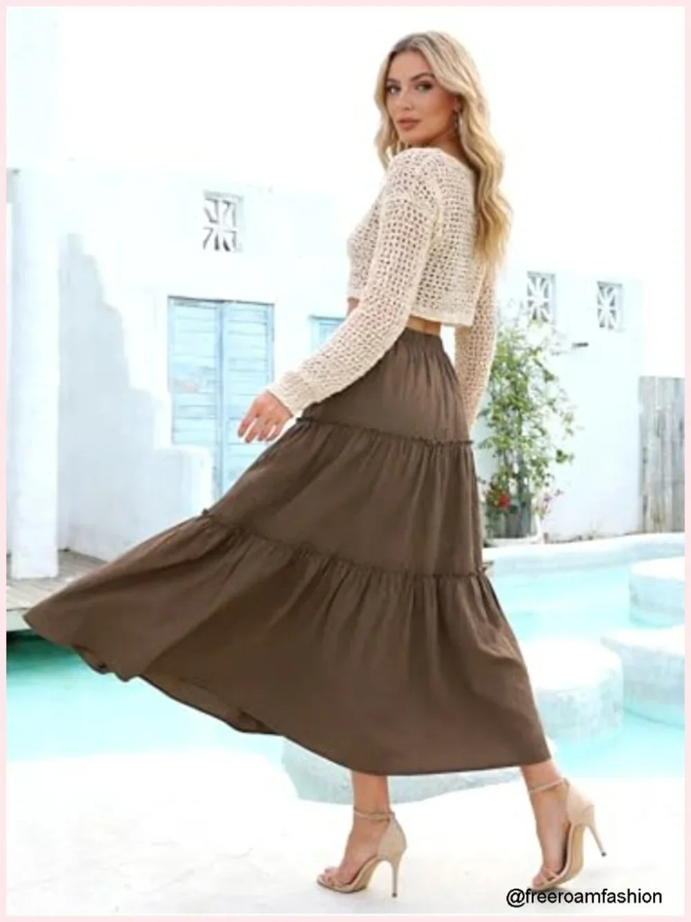 Bohe Midi Skirt Elastic High Waist A-Line Flowy Ruffle Casual